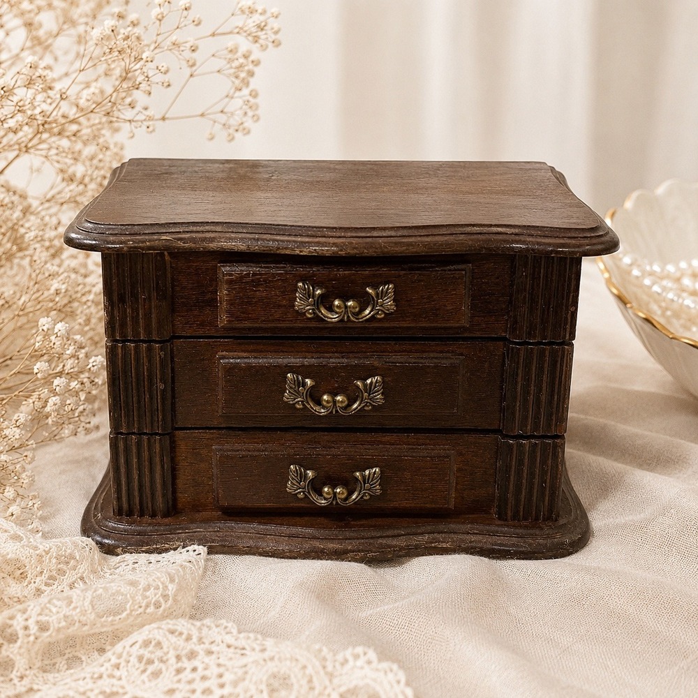 Vintage Wooden Jewelry Box 3 Drawer Chest Dark Brown Ornate Brass Hardware